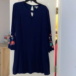long sleeve navy blue embroidered dress
